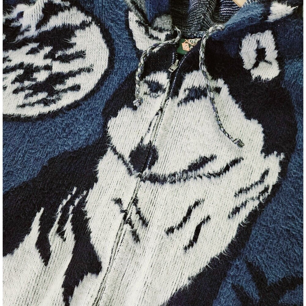 VTG GENESIS Blue Wolf Feather Hoodie Jacket Mens Large Full Zip Wool - Picture 4 of 11
